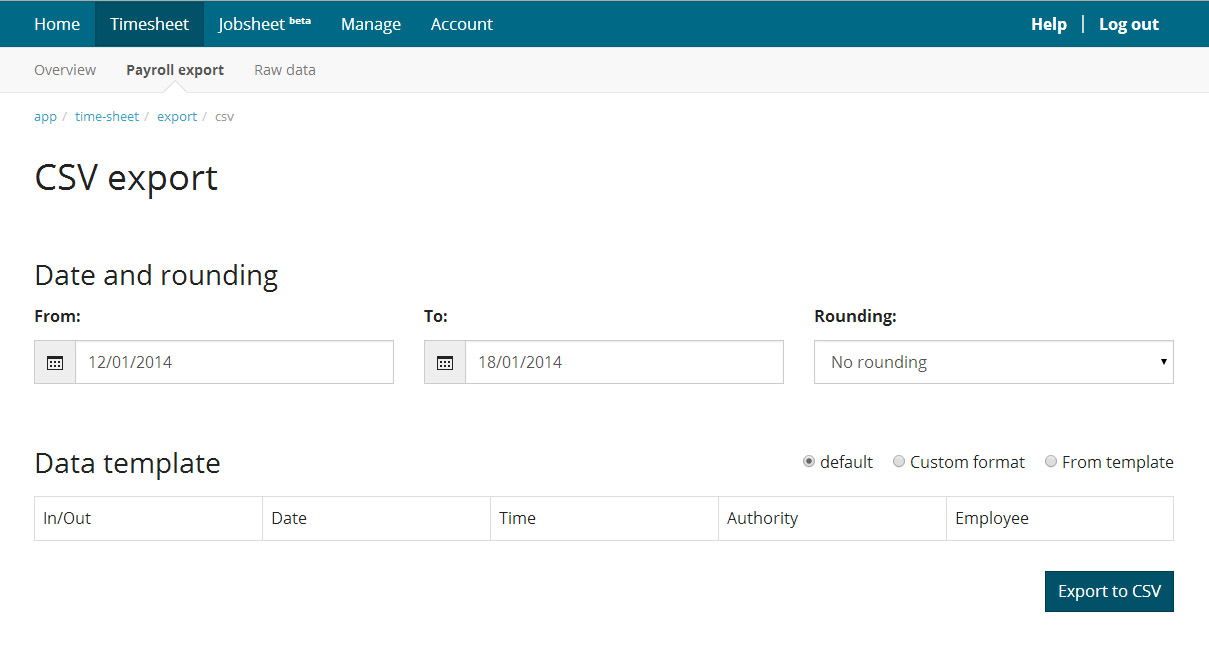 screenshot of TIMEDOCK's CSV Export feature
