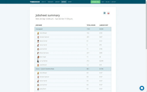 TimeDock time hub screenshot of a job hours report