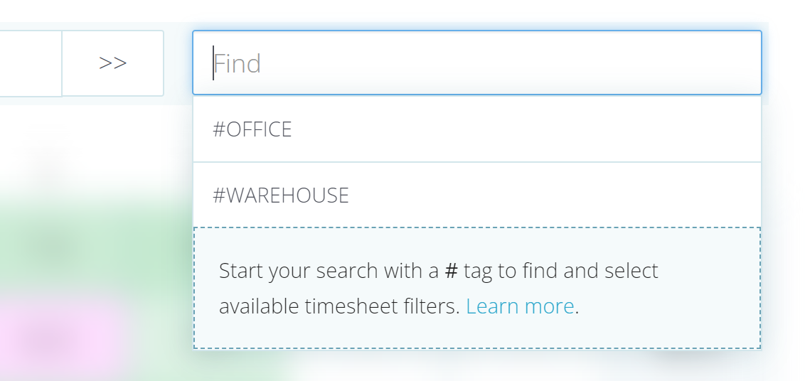 Screenshot of the TimeSheet Department search by hashtag, on the timesheet screen of TimeDock.