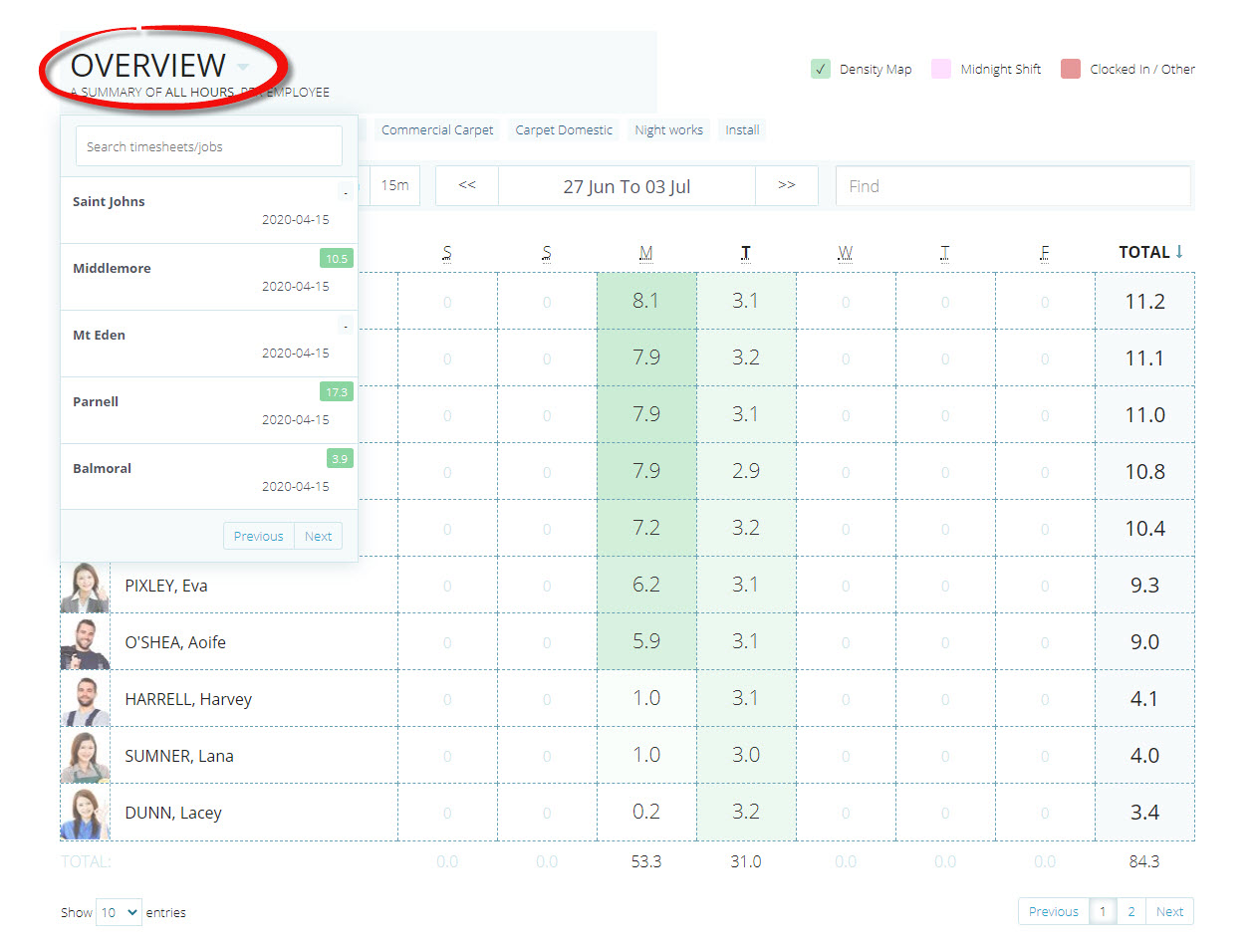 TimeDock timesheet job filter