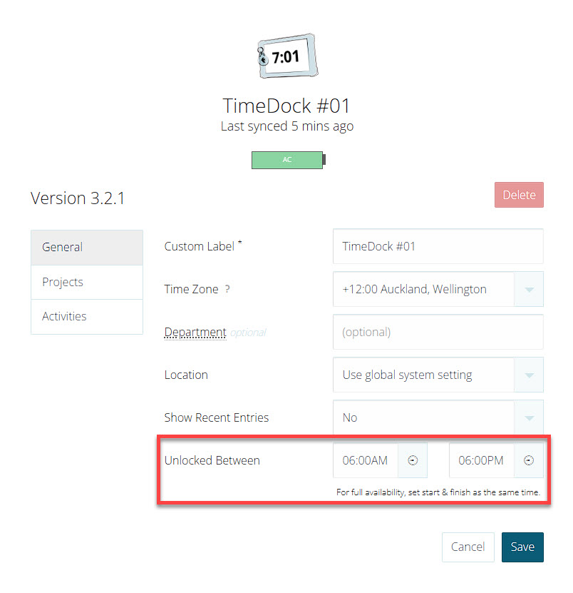 TimeTablet system settings