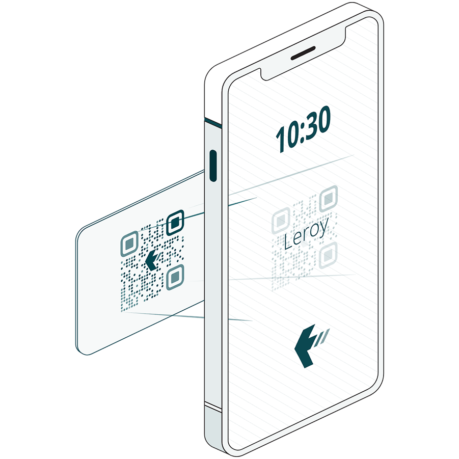 Diagram of an iPhone clocking in with QR Codes via the TimeDock time tracking app
